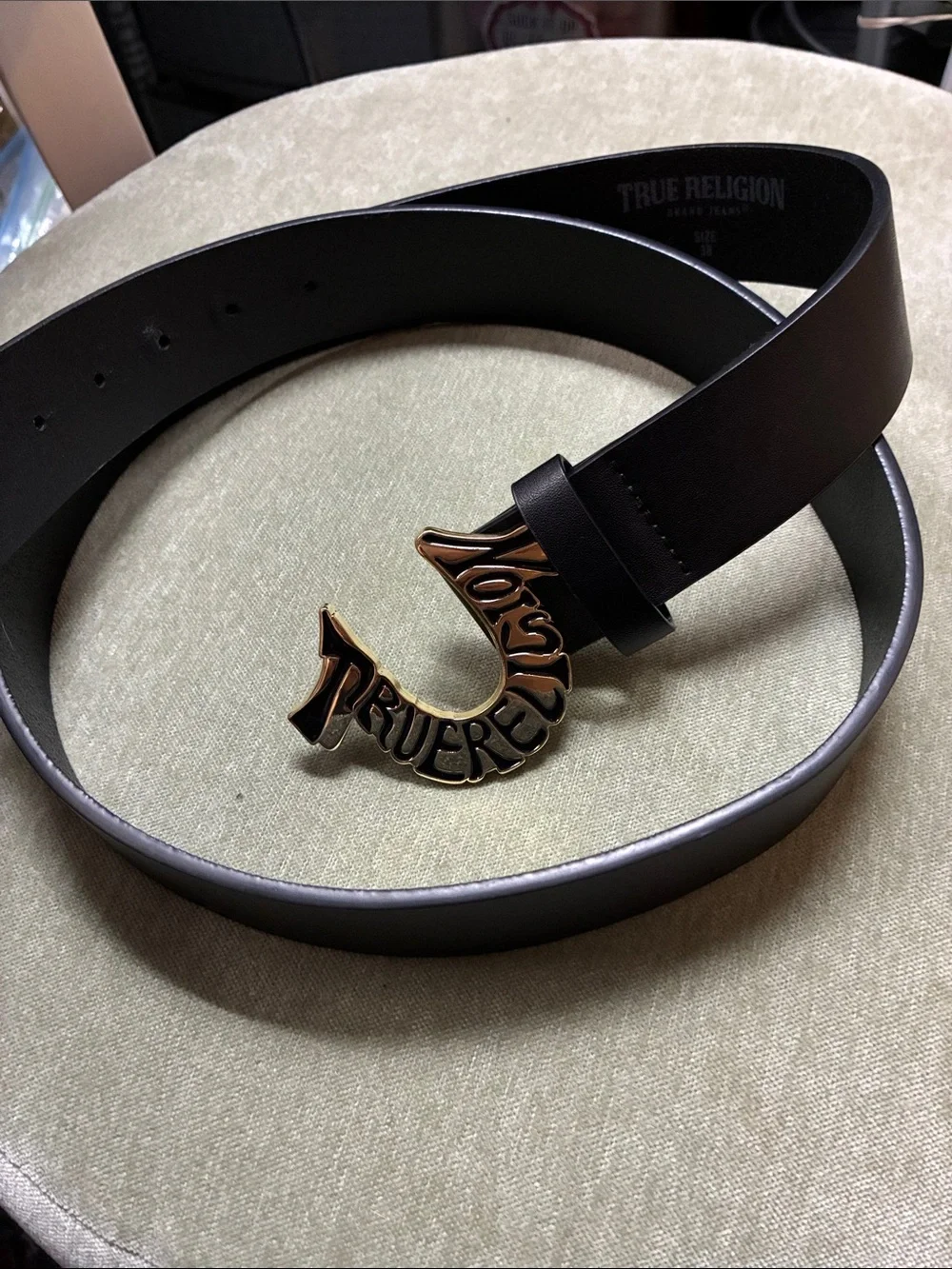True Religion Black Leather Belt with Gold Signature Horseshoe Buckle Size 38